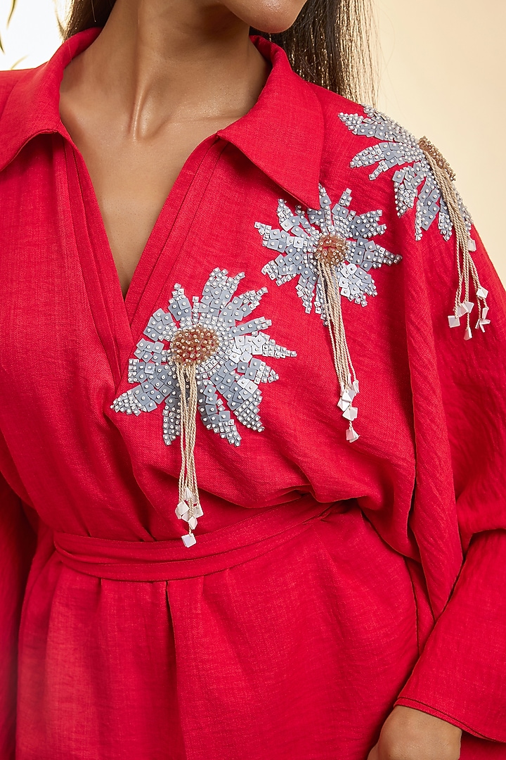 Carmine Red Turkish Linen Floral Embroidered Layered Kaftan Vacation Dress With Sash Belt by Babita Malkani at Pernia's Pop Up Shop