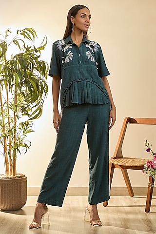 Dark Moss Turkish Linen Floral Embroidered Co-Ord Set by Babita Malkani
