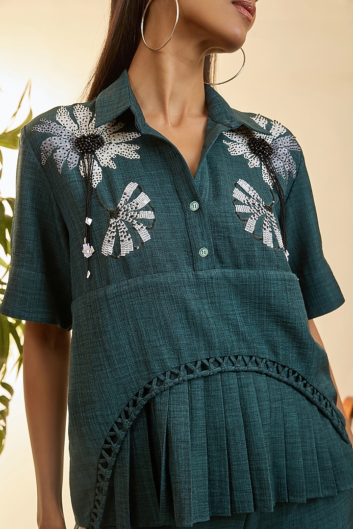 Dark Moss Turkish Linen Floral Embroidered Co-Ord Set by Babita Malkani at Pernia's Pop Up Shop