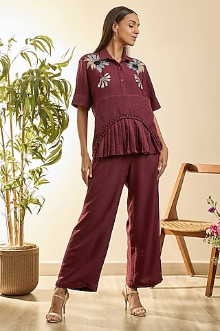 Deep Plum Turkish Linen Floral Embroidered Co-Ord Set by Babita Malkani