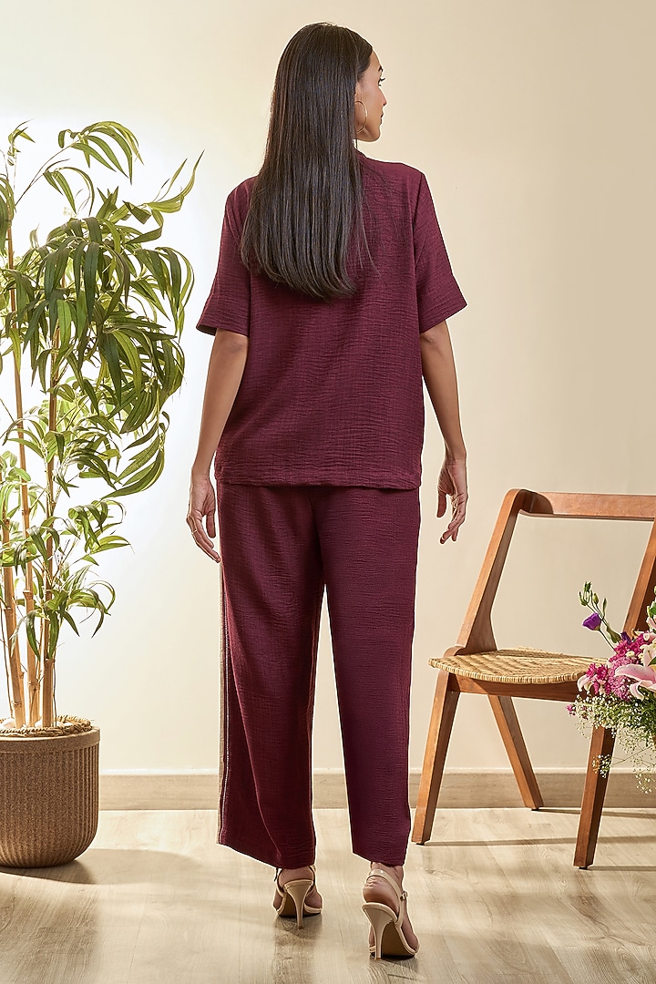 Deep Plum Turkish Linen Floral Embroidered Co-Ord Set by Babita Malkani at Pernia's Pop Up Shop