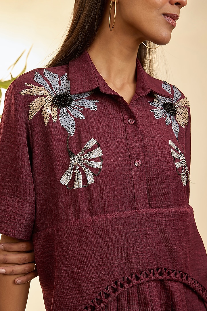 Deep Plum Turkish Linen Floral Embroidered Co-Ord Set by Babita Malkani at Pernia's Pop Up Shop