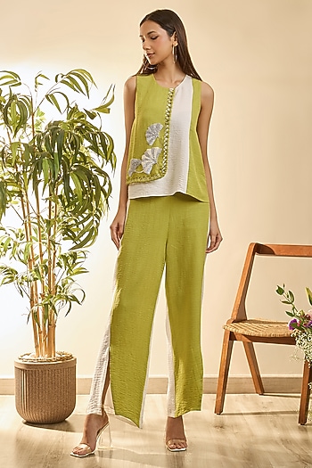 Limerick Yellow & Oyster White Turkish Linen Floral Embroidered Co-Ord Set by Babita Malkani at Pernia's Pop Up Shop