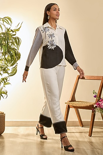 White & Charcoal Black Turkish Linen Geometric Floral Embroidered Co-Ord Set by Babita Malkani at Pernia's Pop Up Shop