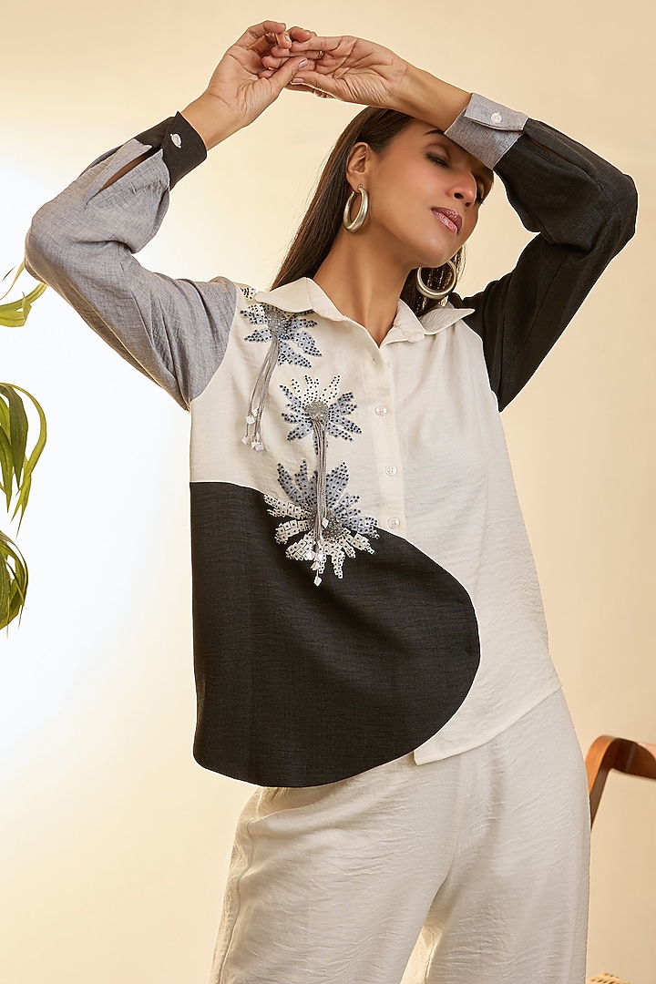 White & Charcoal Black Turkish Linen Geometric Floral Embroidered Co-Ord Set by Babita Malkani at Pernia's Pop Up Shop