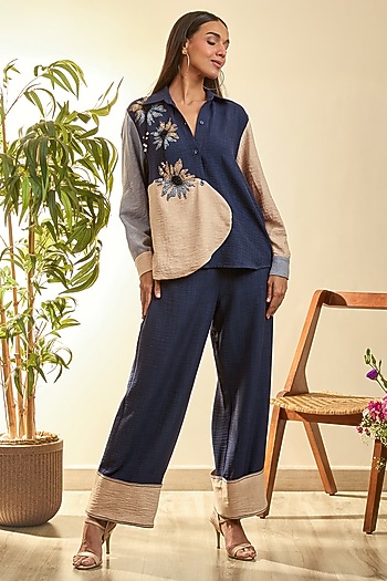 Navy Blue & Desert Sand Turkish Linen Geometric Floral Embroidered Co-Ord Set by Babita Malkani at Pernia's Pop Up Shop