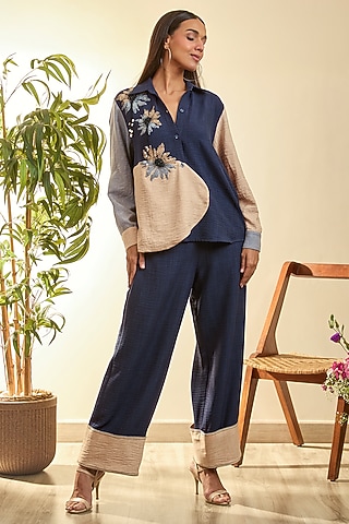 Navy Blue & Desert Sand Turkish Linen Geometric Floral Embroidered Co-Ord Set by Babita Malkani