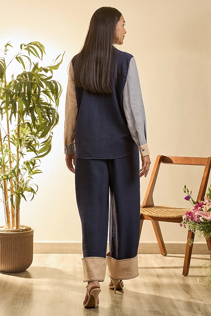 Navy Blue & Desert Sand Turkish Linen Geometric Floral Embroidered Co-Ord Set by Babita Malkani at Pernia's Pop Up Shop