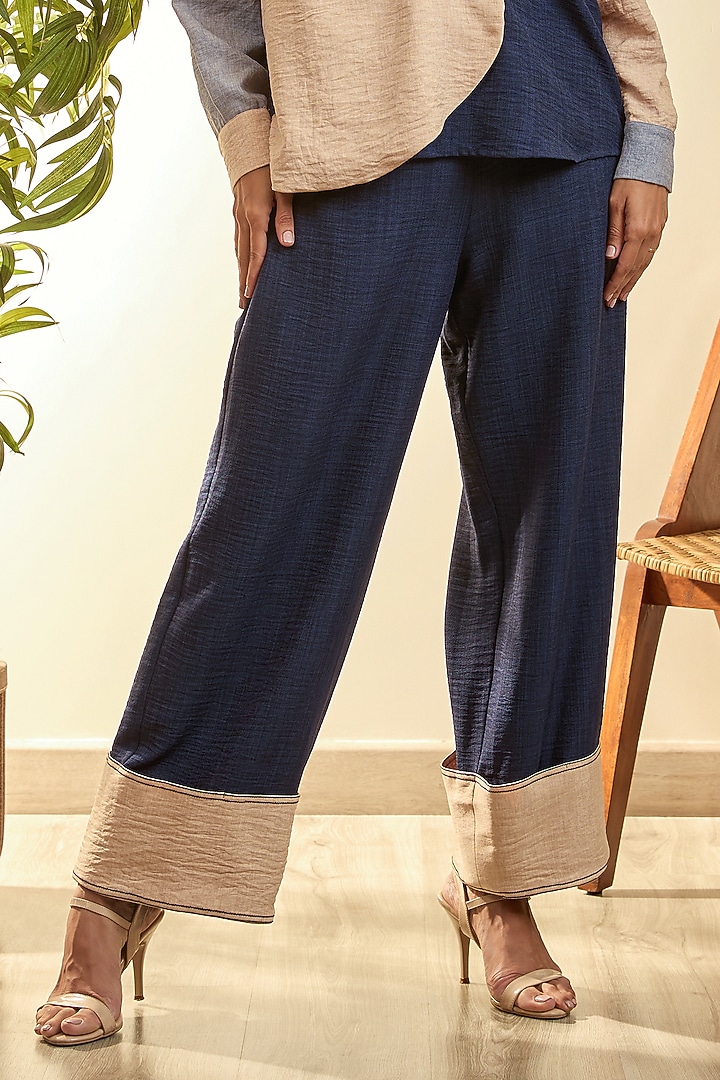 Navy Blue & Desert Sand Turkish Linen Geometric Floral Embroidered Co-Ord Set by Babita Malkani at Pernia's Pop Up Shop