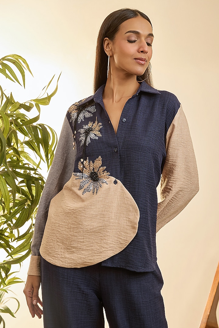 Navy Blue & Desert Sand Turkish Linen Geometric Floral Embroidered Co-Ord Set by Babita Malkani at Pernia's Pop Up Shop