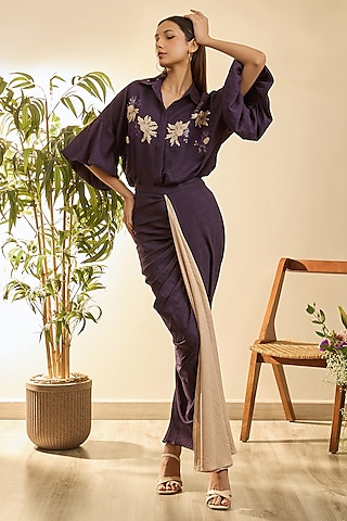 Purple Turkish Linen Geometric Floral Embroidered Co-Ord Set by Babita Malkani