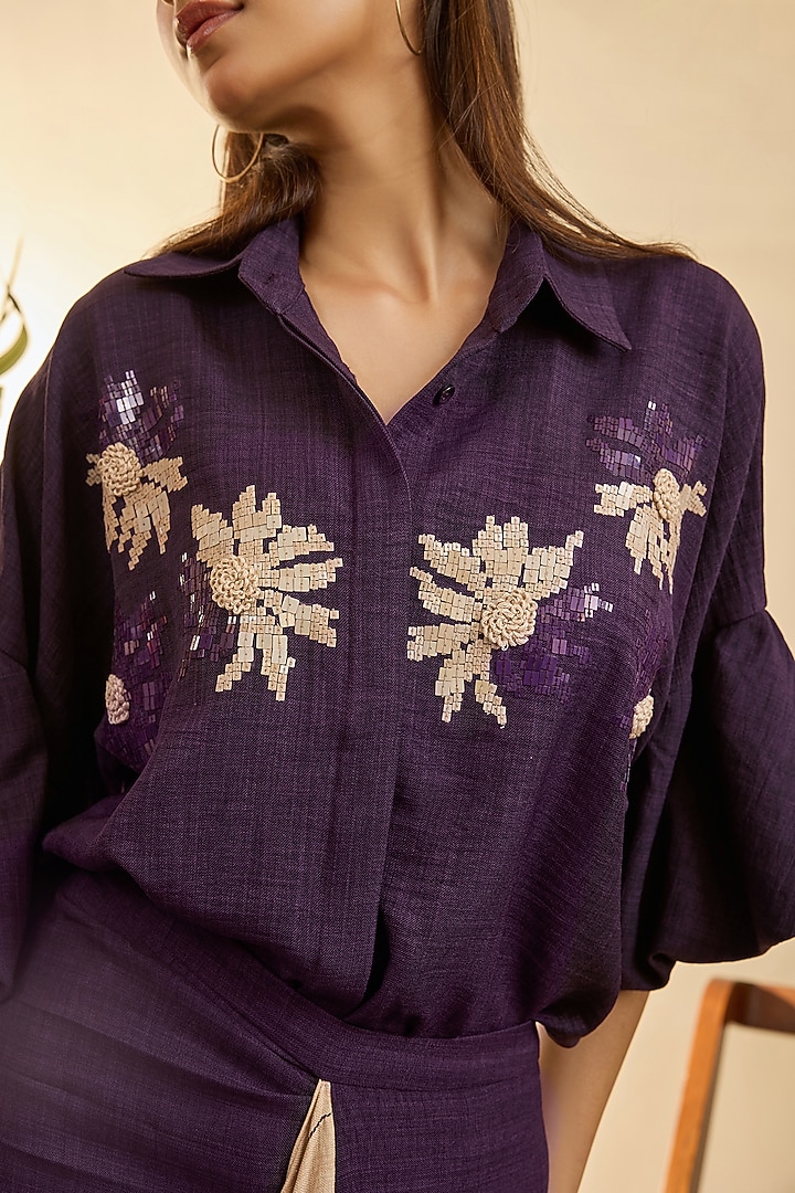 Purple Turkish Linen Geometric Floral Embroidered Co-Ord Set by Babita Malkani at Pernia's Pop Up Shop