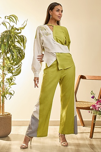 Lime Green Turkish Linen Embroidered Co-Ord Set by Babita Malkani at Pernia's Pop Up Shop
