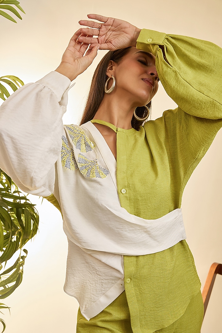 Lime Green Turkish Linen Embroidered Co-Ord Set by Babita Malkani at Pernia's Pop Up Shop