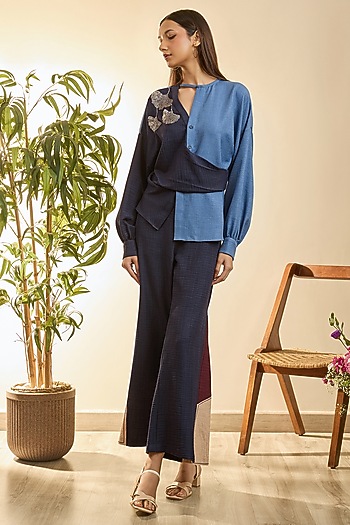 Navy Blue Turkish Linen Embroidered Co-Ord Set by Babita Malkani at Pernia's Pop Up Shop