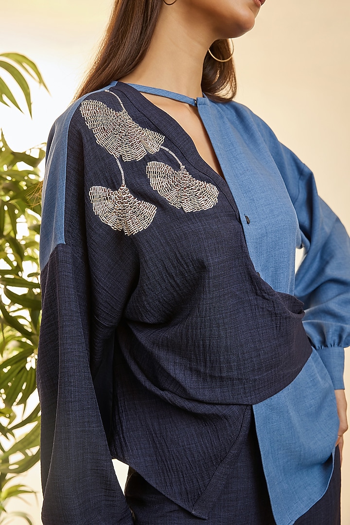 Navy Blue Turkish Linen Embroidered Co-Ord Set by Babita Malkani at Pernia's Pop Up Shop