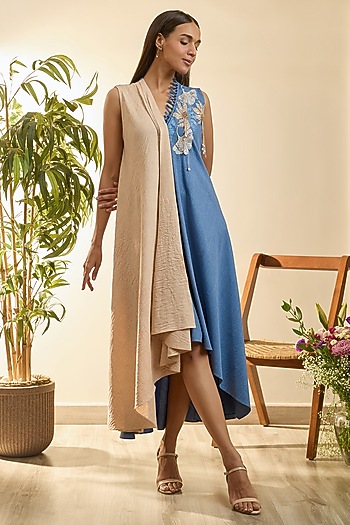 French Blue & Desert Sand Turkish Linen Floral Embroidered Asymmetrical Vacation Dress by Babita Malkani at Pernia's Pop Up Shop