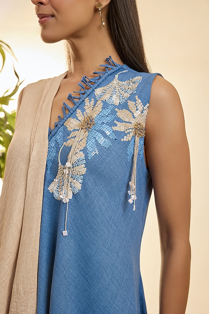 French Blue & Desert Sand Turkish Linen Floral Embroidered Asymmetrical Vacation Dress by Babita Malkani at Pernia's Pop Up Shop