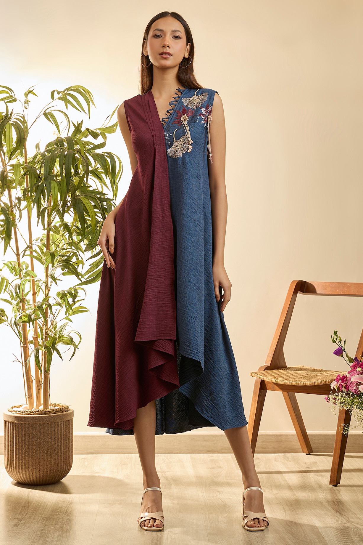 Pernia's Pop Up Shop - Babita Malkani Women Deep Plum & Midnight Blue Turkish Linen Floral Embroidered Asymmetrical Dress Pernia's Pop Up Shop - Babita Malkani Women Deep Plum & Midnight Blue Turkish Linen Floral Embroidered Asymmetrical Dress