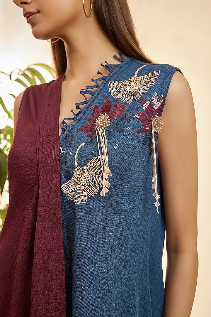 Deep Plum & Midnight Blue Turkish Linen Floral Embroidered Asymmetrical Vacation Dress by Babita Malkani at Pernia's Pop Up Shop