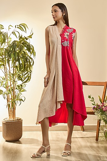 Desert Sand & Carmine Red Turkish Linen Floral Embroidered Asymmetrical Vacation Dress by Babita Malkani at Pernia's Pop Up Shop