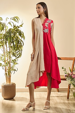 Desert Sand & Carmine Red Turkish Linen Floral Embroidered Asymmetrical Dress by Babita Malkani