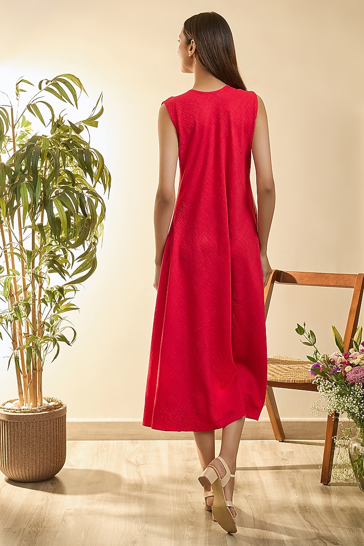 Desert Sand & Carmine Red Turkish Linen Floral Embroidered Asymmetrical Vacation Dress by Babita Malkani at Pernia's Pop Up Shop