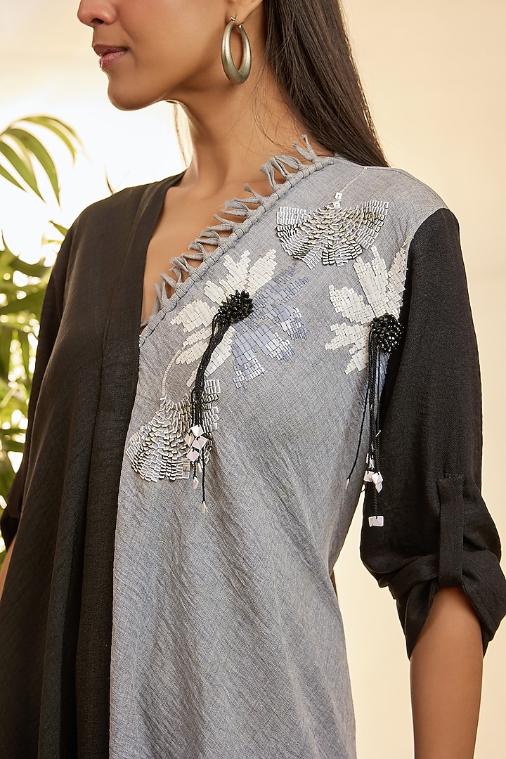 Charcoal Black & Fossil Grey Turkish Linen Floral Embroidered Asymmetrical Vacation Dress by Babita Malkani at Pernia's Pop Up Shop