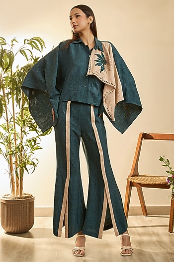 Dark Moss & Desert Sand Turkish Linen Floral Embroidered Co-Ord Set by Babita Malkani at Pernia's Pop Up Shop