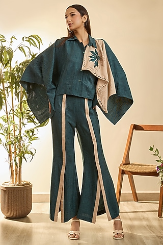 Dark Moss & Desert Sand Turkish Linen Floral Embroidered Co-Ord Set by Babita Malkani