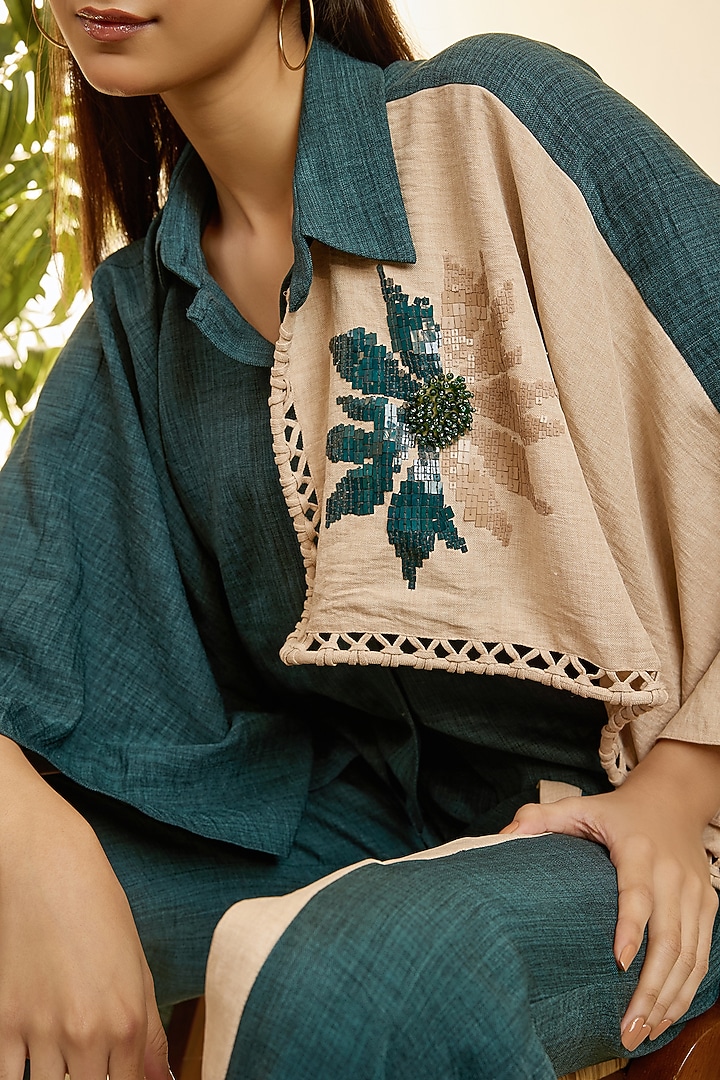 Dark Moss & Desert Sand Turkish Linen Floral Embroidered Co-Ord Set by Babita Malkani at Pernia's Pop Up Shop