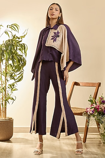 Purple & Desert Sand Turkish Linen Floral Embroidered Co-Ord Set by Babita Malkani at Pernia's Pop Up Shop