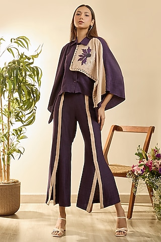 Purple & Desert Sand Turkish Linen Floral Embroidered Co-Ord Set by Babita Malkani