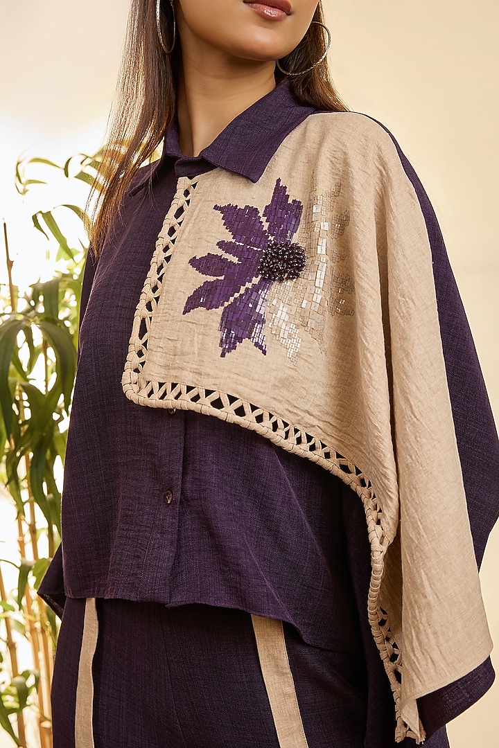 Purple & Desert Sand Turkish Linen Floral Embroidered Co-Ord Set by Babita Malkani at Pernia's Pop Up Shop