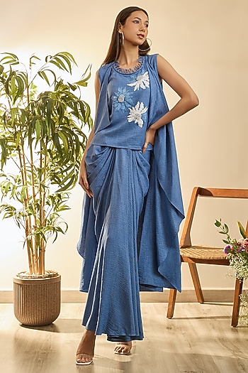 French Blue Turkish Linen Floral Embroidered Draped Skirt Set by Babita Malkani at Pernia's Pop Up Shop