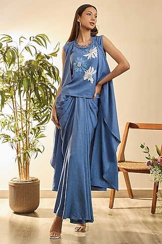 French Blue Turkish Linen Floral Embroidered Draped Skirt Set by Babita Malkani