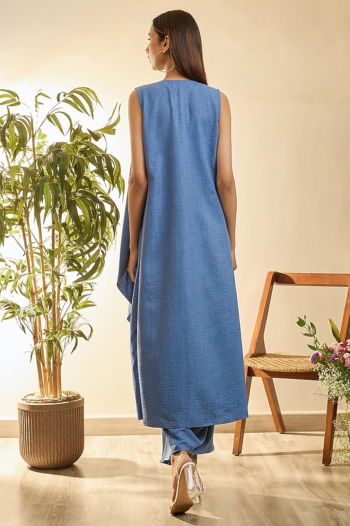 French Blue Turkish Linen Floral Embroidered Draped Skirt Set by Babita Malkani at Pernia's Pop Up Shop