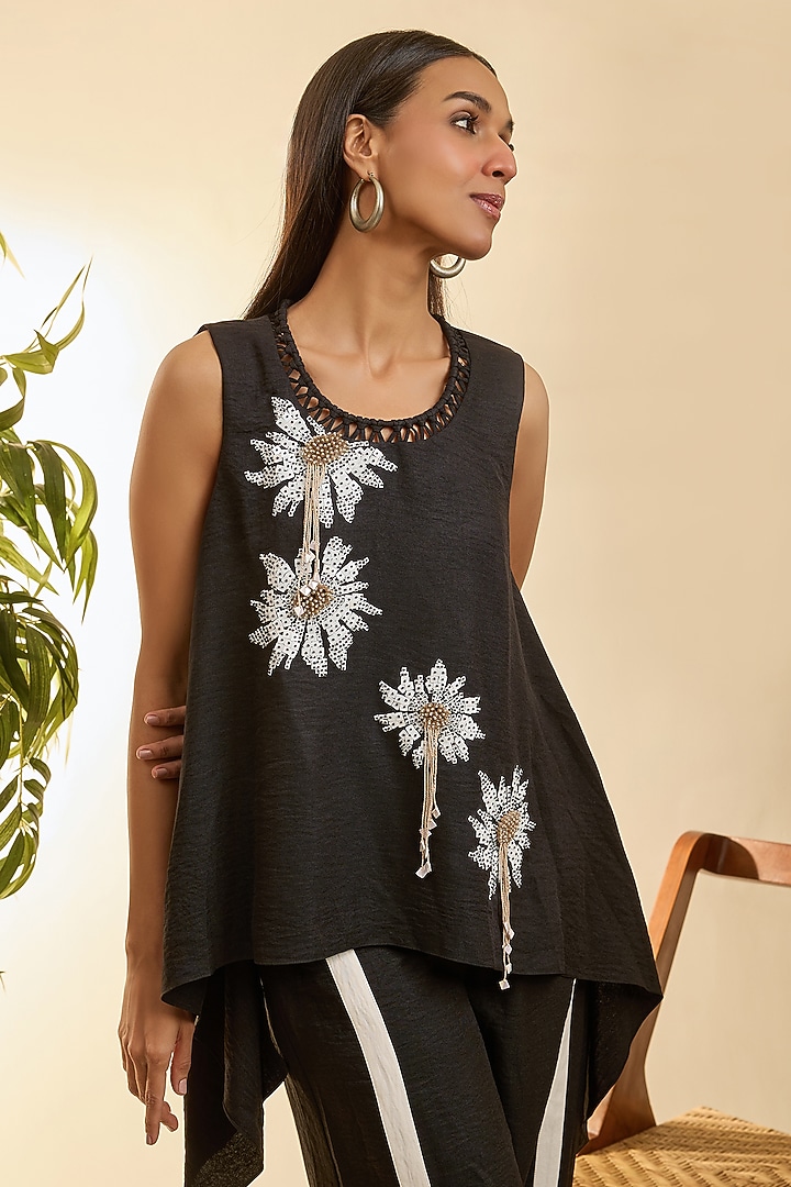 Charcoal Black Turkish Linen Floral Embroidered Co-Ord Set by Babita Malkani at Pernia's Pop Up Shop