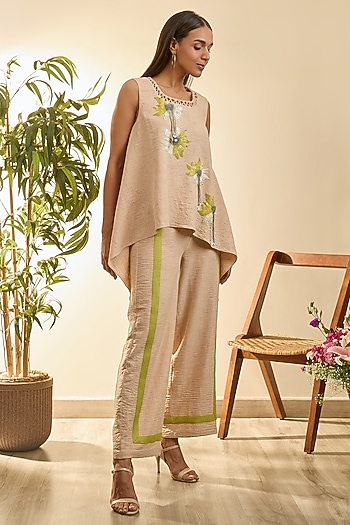 Desert Sand Turkish Linen Floral Embroidered Co-Ord Set by Babita Malkani at Pernia's Pop Up Shop