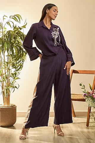 Purple Turkish Linen Floral Embroidered Co-Ord Set by Babita Malkani