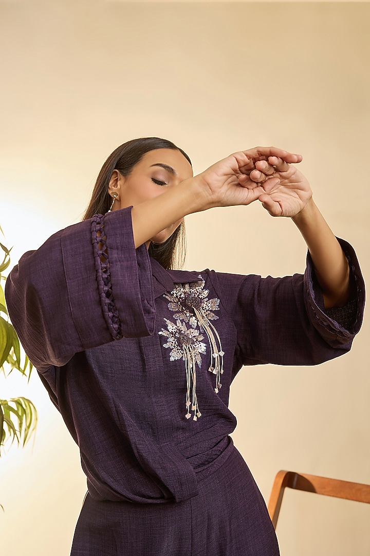 Purple Turkish Linen Floral Embroidered Co-Ord Set by Babita Malkani at Pernia's Pop Up Shop