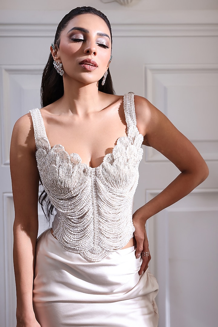 Ivory Satin Draped Skirt Set by Babita Malkani at Pernia's Pop Up Shop