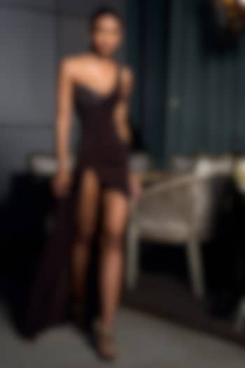 Deep Espresso Milano Crepe Embroidered One-Shoulder Cocktail Dress by Babita Malkani at Pernia's Pop Up Shop