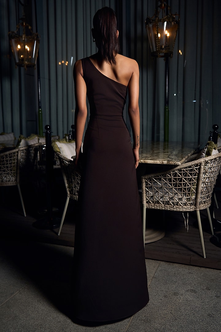 Deep Espresso Milano Crepe Embroidered One-Shoulder Cocktail Dress by Babita Malkani at Pernia's Pop Up Shop
