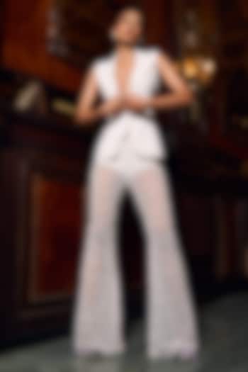 Ivory Mist Milano Crepe Embroidered Blazer Set by Babita Malkani at Pernia's Pop Up Shop
