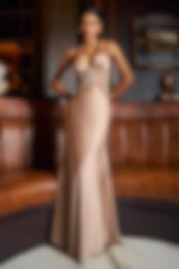 Champagne & Taupe Satin Embroidered Engagement Gown by Babita Malkani at Pernia's Pop Up Shop