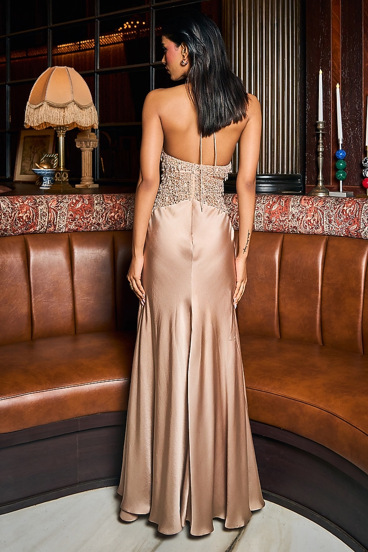 Champagne & Taupe Satin Embroidered Engagement Gown by Babita Malkani at Pernia's Pop Up Shop