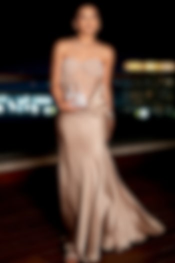 Champagne Taupe Satin Hand Embellished Strapless Corset Engagement Gown by Babita Malkani at Pernia's Pop Up Shop