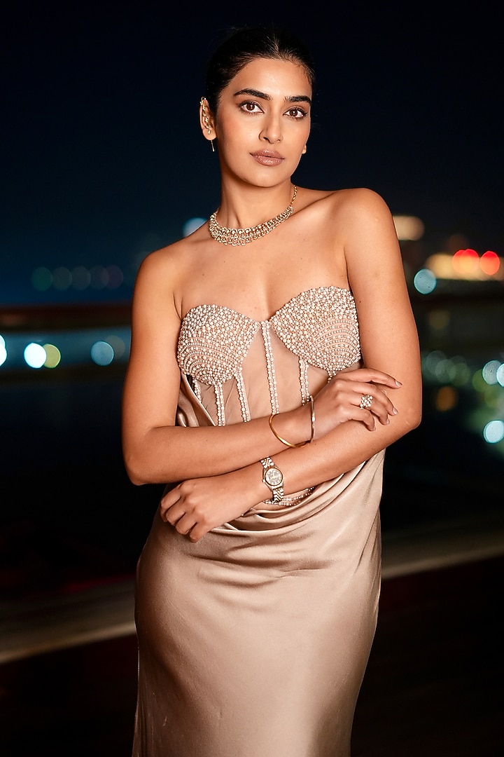 Champagne Taupe Satin Hand Embellished Strapless Corset Engagement Gown by Babita Malkani at Pernia's Pop Up Shop