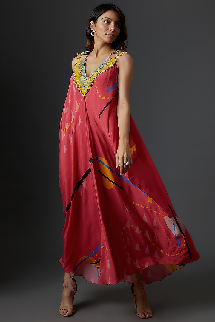 Pink Crepe Printed & Embellished Maxi Dress by Babita Malkani
